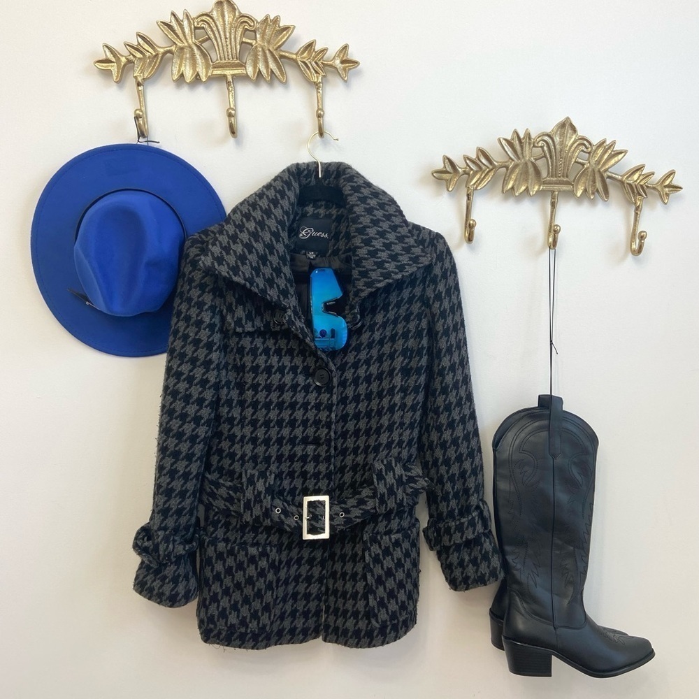 🌿🍁GUESS Houndstooth BELTED JACKET s pit 19” L 29”